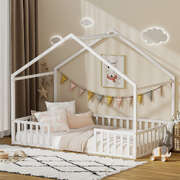 King Single Wooden Kids Bed Frame House Style Timber White Finish