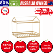 Double Kids Wooden Bed Frame House Beds with Fence Natural