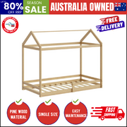 Kids Wooden Bed Frame House Frame Timber with Fence Single Natural