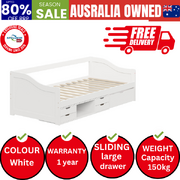 Single Kids Bed Frame with Trundle Storage Drawers Timber White