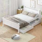Wood Double Bed Frame with 2 Storage Drawers White