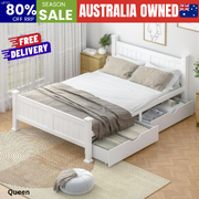 Wood Queen Bed Frame with 2 Storage Drawers White