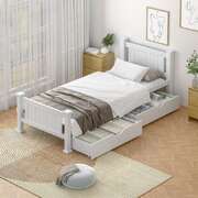 Wood Single Bed Frame with 2 Storage Drawers White