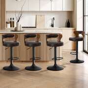 4x Bar Stools Gas Lift Swivel Chairs Wooden Leather Brown