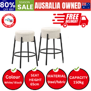 2x Bar Stools Kitchen Round Stool Boucle Fabric White