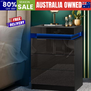 Bedside Table RGB LED Nightstand Cabinet 3 Drawers Side Table Furniture Black