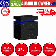 Bedside Table 2 Drawers LED Nightstand Marble Effect Black