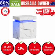Bedside Table 2 Drawers LED Nightstand Marble Effect White