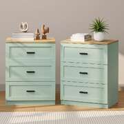 Bedside Tables Set 2 3 Drawers Natural Green | EXTG