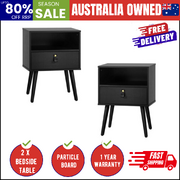 2X Bedside Tables with Leather Handle Black