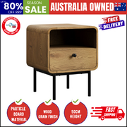 Bedside Table Bedroom Storage Nightstand Wood Grain Metal Natural