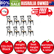 8PCS Crossback Dining Chair Solid Birch Timber Wood Ratan Seat Black