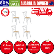 4PCS Crossback Dining Chair Solid Birch Timber Wood Ratan Seat White