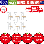 6PCS Crossback Dining Chair Solid Birch Timber Wood Ratan Seat White