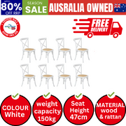 8PCS Crossback Dining Chair Solid Birch Timber Wood Ratan Seat White