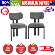 Dining Chair Set of 2 Grey Linen Fabric with Padded Foam Seat