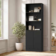 Tall Bookcase Display Shelf 2 Door Adjustable Cabinet Black