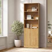 Tall Bookcase Display Shelf 2 Door Adjustable Cabinet Natural