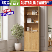 Tall Bookcase Display Shelf 2 Door Adjustable Cabinet Natural