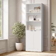 Tall Bookcase Display Shelf 2 Door Adjustable Cabinet White