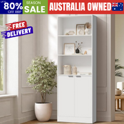 Tall Bookcase Display Shelf 2 Door Adjustable Cabinet White