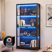 4 Tier Glass Display Cabinet LED Light Black | EXTG