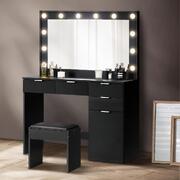 Dressing Table Stool Set Makeup Large Mirror Dresser 12 LED Bulbs Black