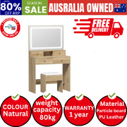 Dressing Table Stool Set LED Mirror Vanity Desk with Drawers Natural