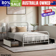 Metal Bed Frame King Single Bed Base with 2 Drawers White
