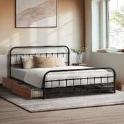 Metal Bed Frame Queen Size Bed Base with 4 Drawers Black
