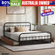 Metal Bed Frame Queen Size Bed Base with 4 Drawers Black
