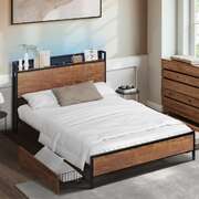 Metal Bed Frame Double LED Headboard 2 Storage Drawers USB