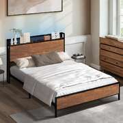 Metal Bed Frame Double LED Light USB Charge Storage Headboard