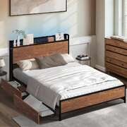 Metal Bed Frame King with LED Headboard 4 Storage Drawers USB