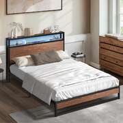 Metal Bed Frame Double LED Light Storage Headboard USB Charge