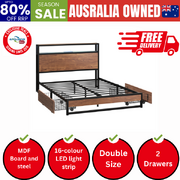 Metal Bed Frame Double LED Storage Headboard USB Charging & 2 Drawers