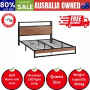 Metal Bed Frame Queen Size LED Storage Headboard USB Charge