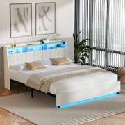King Bed Frame with LED Storage Headboard Beige