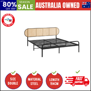 Bed Frame Double Size Metal Base Platform with Rattan Headboard