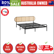 Bed Frame Queen Size Metal Base Platform with Rattan Headboard