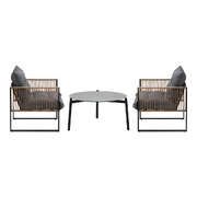 3PCS Outdoor Patio Set Grey 70cm Coffee Table Rattan Chairs