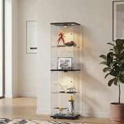 Glass Display Cabinet 4-Tier LED Light Bookcase Clear Black