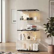 Glass Display Cabinet 4-Tier LED Light Bookcase 2 Doors Black