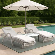 3PCS Outdoor Sun Lounger Wicker Lounge Table Chairs Grey