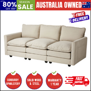 Contemporary 3-Seater Sofa Couch Corduroy Lounge Beige Thick Cushion 188cm