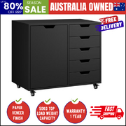 Rolling Filing Cabinet Office Storage Unit 5 Drawer 1 Door Black 78x40x67cm