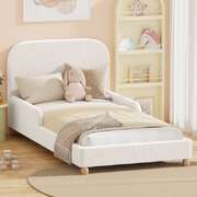 Kids Bed Frame Single Size With Side Rails Boucle Upholstered White Bedroom Furniture