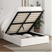 Bed Frame Double Size With Gas Lift Base PU Leather White