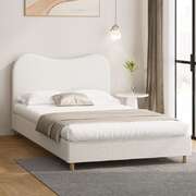 Double Size Bed Frame White Boucle Upholstered Cloud Shape Headboard