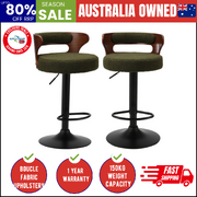 2x Bar Stools Gas Lift Swivel Chairs Wooden Boucle Green
